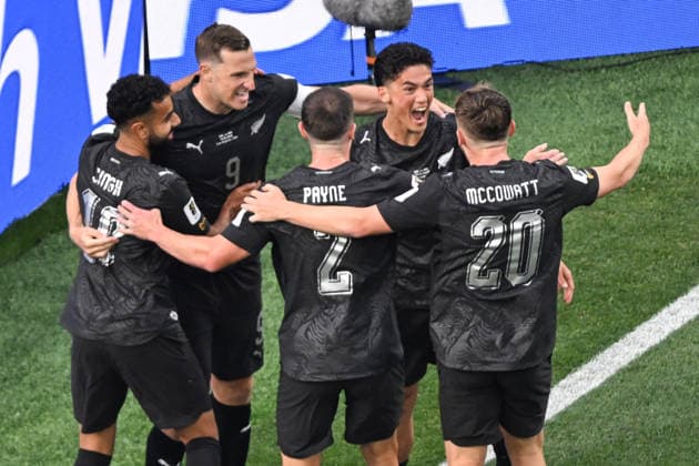 Eli Just of New Zealand celebrates his goal with team, New Zealand All Whites v IR Iran, Group G football match of the FIFA World Cup, WM, Weltmeisterschaft, Fussball 2026 at Los Angeles Stadium, Los Angeles, USA on Monday 15 June 2026. Photo: Andrew Cornaga Los Angeles New Zealand Copyright: xAndrewxCornaga x