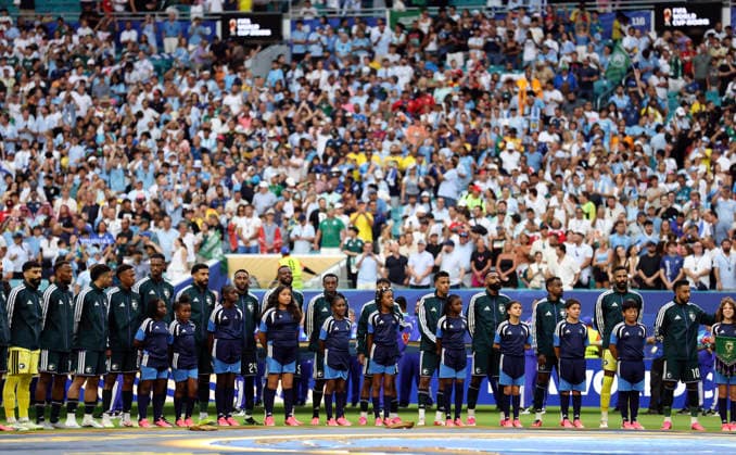 (260616) -- MIAMI, June 16, 2026 -- Players of Saudi Arabia are seen before the group H match between Saudi Arabia and Uruguay at the 2026 FIFA World Cup, WM, Weltmeisterschaft, Fussball at Miami Stadium, Miami, the United States, June 15, 2026. ) (SP)U.S.-MIAMI-FOOTBALL-FIFA WORLD CUP-GROUP H-KSA VS URU ZhangxChen 