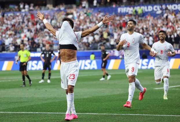 (260616) -- LOS ANGELES, June 16, 2026 -- Ramin Rezaeian (L) of Iran celebrates his score during the group G match between Iran and New Zealand at the 2026 FIFA World Cup, WM, Weltmeisterschaft, Fussball at Los Angeles Stadium in Los Angeles, the United States, June 15, 2026. ) (SP)U.S.-LOS ANGELES-FOOTBALL-FIFA WORLD CUP-GROUP G-IRN VS NZL MaoxSiqian 