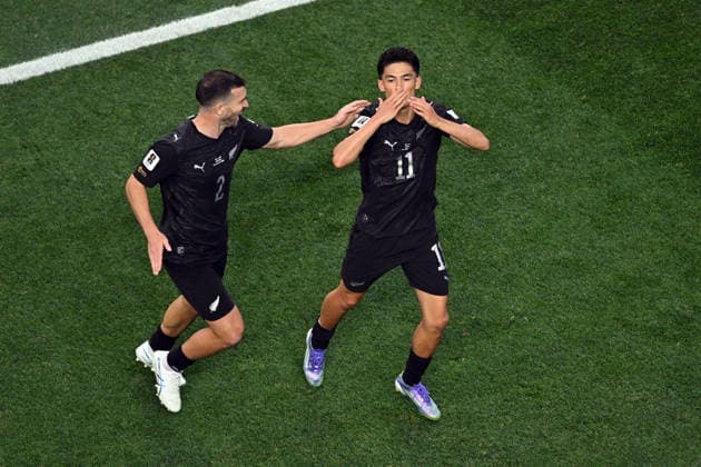 Eli Just of New Zealand celebrates his goal with Tim Payne of New Zealand, New Zealand All Whites v IR Iran, Group G football match of the FIFA World Cup, WM, Weltmeisterschaft, Fussball 2026 at Los Angeles Stadium, Los Angeles, USA on Monday 15 June 2026. Photo: Andrew Cornaga Los Angeles New Zealand Copyright: xAndrewxCornaga x