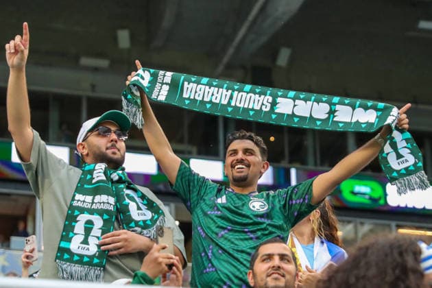MIAMI GARDENS, FL - JUNE 15: Saudi Arabia supporters pose for a photograph at a FIFA World Cup, WM, Weltmeisterschaft, Fussball 2026 Group H match between Saudi Arabia and Uruguay on June 15, 2026 at Miami Stadium, in Miami Gardens, Fla.(Photo by Chris Arjoon Icon Sportswire) SOCCER: JUN 15 FIFA World Cup 26 Group H - Saudi Arabia vs Uruguay EDITORIAL USE ONLY Icon26061500100066