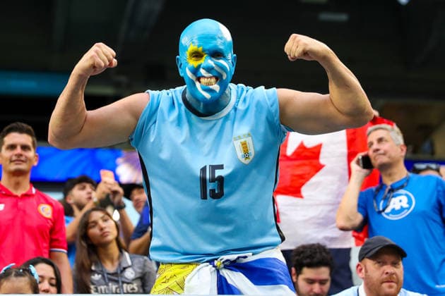 MIAMI GARDENS, FL - JUNE 15: A Uruguay supporter poses for a photograph at a FIFA World Cup, WM, Weltmeisterschaft, Fussball 2026 Group H match between Saudi Arabia and Uruguay on June 15, 2026 at Miami Stadium, in Miami Gardens, Fla.(Photo by Chris Arjoon Icon Sportswire) SOCCER: JUN 15 FIFA World Cup 26 Group H - Saudi Arabia vs Uruguay EDITORIAL USE ONLY Icon26061500100082
