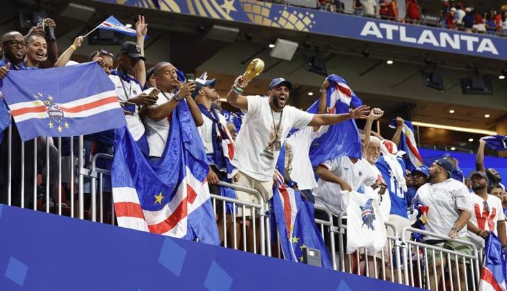 Football: 2026 World Cup Supporters celebrate after Cape Verde draw 0-0 with Spain in their World Cup Group H match at Atlanta Stadium in Atlanta on June 15, 2026.  A14AA0005618943P