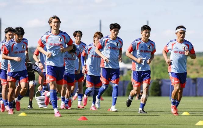 Football: 2026 World Cup Japan squad members train at their base camp in the Nashville suburbs, Tennessee, on June 15, 2026, a day after a 2-2 draw with the Netherlands in their football World Cup Group F opener near Dallas, Texas. Japan will face Tunisia near Monterrey, Mexico, on June 20.  A14AA0005619015P