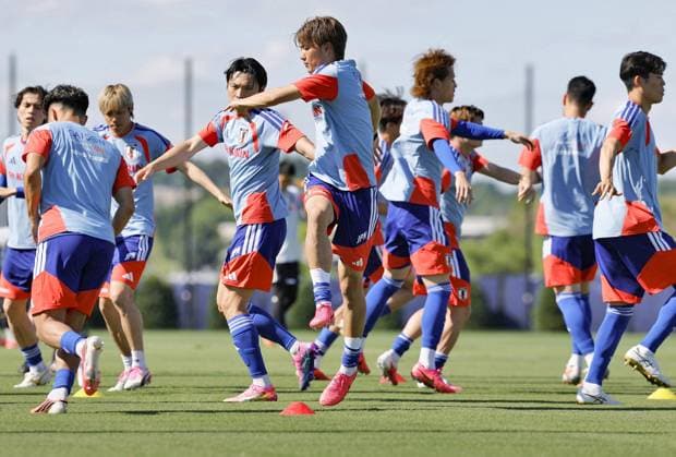 Football: 2026 World Cup Japan squad members train at their base camp in the Nashville suburbs, Tennessee, on June 15, 2026, a day after a 2-2 draw with the Netherlands in their football World Cup Group F opener near Dallas, Texas. Japan will face Tunisia near Monterrey, Mexico, on June 20.  A14AA0005619016P