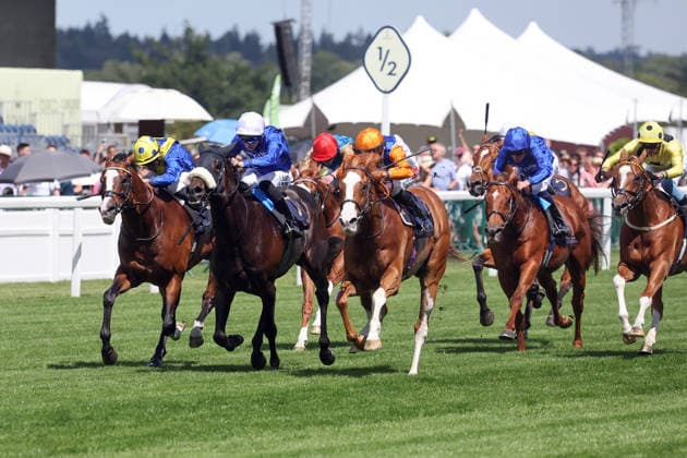 16.06.2026, Ascot, Windsor, GBR - Ten Bob Tony with Kieran Shoemark (orange cap) up wins the Queen Anne Stakes. Ascot racecourse. (Pferd, Jockey, Ten Bob Tony, Shoemark, Sieg, Ziel, Zielankunft) 260616D509ROYAL_ASCOT.JPG