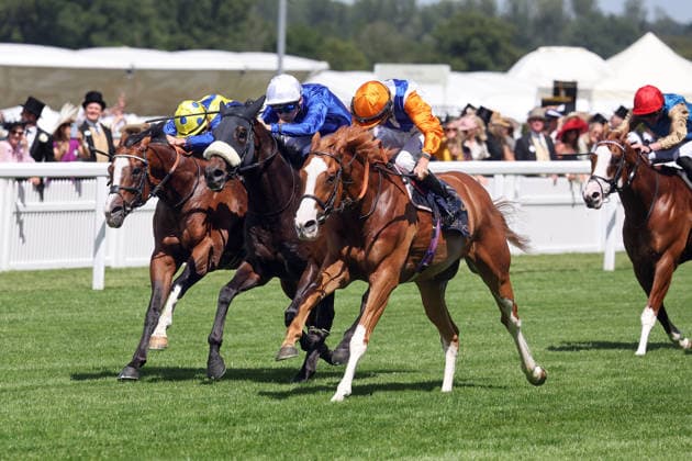 16.06.2026, Ascot, Windsor, GBR - Ten Bob Tony with Kieran Shoemark (orange cap) up wins the Queen Anne Stakes. Ascot racecourse. (Pferd, Jockey, Ten Bob Tony, Shoemark, Sieg, Ziel, Zielankunft) 260616D510ROYAL_ASCOT.JPG
