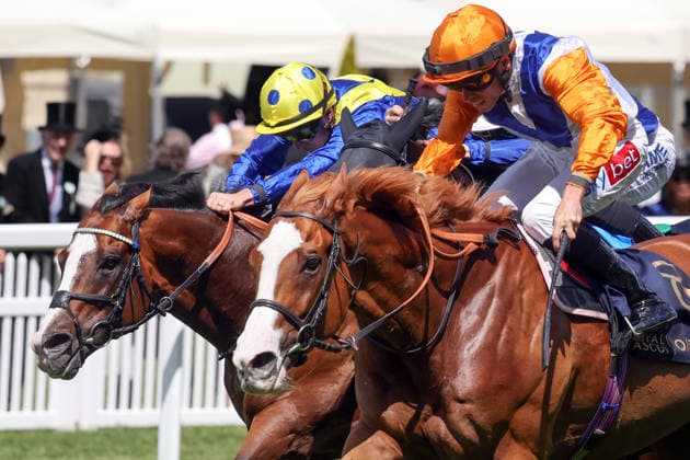 16.06.2026, Ascot, Windsor, GBR - Ten Bob Tony (nearside) with Kieran Shoemark up wins the Queen Anne Stakes. Ascot racecourse. (Pferd, Jockey, Ten Bob Tony, Shoemark, Sieg, Ziel, Zielankunft) 260616D511ROYAL_ASCOT.JPG