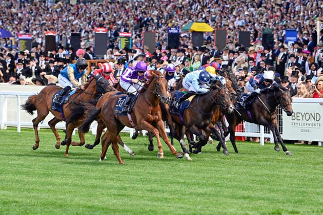 16.06.2026, Ascot, Windsor, GBR - Great Barrier Reef (nearside) with Wayne Lordan up wins the Coventry Stakes. Ascot racecourse. (Pferd, Jockey, Great Barrier Reef, Lordan, Sieg, Ziel, Zielankunft) 260616C906ROYAL_ASCOT.JPG