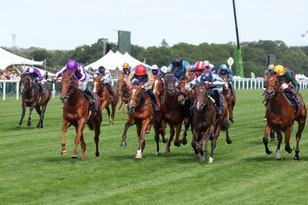 16.06.2026, Ascot, Windsor, GBR - Great Barrier Reef with Wayne Lordan (violett cap) up wins the Coventry Stakes. Ascot racecourse. (Pferd, Jockey, Great Barrier Reef, Lordan, Sieg, Ziel, Zielankunft) 260616D523ROYAL_ASCOT.JPG