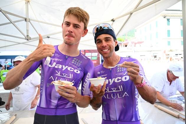 Tour de Suisse 2026 Media Activities 16 06 2026 SONDRIO, ITALY - JUNE 16 : Hellemose Asbjorn (DEN) of Team Jayco AlUla and Matthews Michael (AUS) of Team Jayco AlUla pictured during the teams presentation prior to stage 1 of the 89th edition of Tour de Suisse an UCI World Tour 2.UWT cycling road race stage for Men Elite of 144 km with start in Sondrio and finish in Sondrio on June 16, 2026 in Sondrio, Italy, 16 06 2026 ( Motordriver Guy De Vuyst - Sondrio Italy  Copyright: xVincentxKalutx