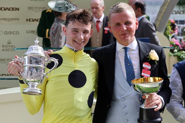 16.06.2026, Ascot, Windsor, GBR - Portrait of jockey Billy Loughnane and trainer George Boughey after winning the St James s Palace Stakes. Ascot racecourse. (Jockey, Loughnane, Sieg, Trainer, Boughey, Portrait, Portraet) 260616D564ROYAL_ASCOT.JPG