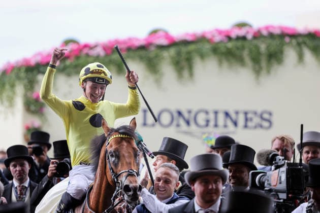 16.06.2026, Ascot, Windsor, GBR - Bow Echo with Billy Loughnane up after winning the St James s Palace Stakes. Ascot racecourse. (Pferd, Jockey, Bow Echo, Loughnane, Sieg) 260616D552ROYAL_ASCOT.JPG