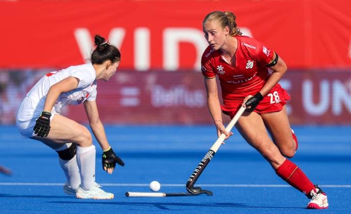 Belgium s Lisa Moors pictured in action during a hockey game between Belgian national team, Nationalteam Red Panthers and China, Tuesday 16 June 2026 in Wavre, match 10 16 in the group stage of the women s FIH Pro League competition. VIRGINIExLEFOUR  x177867584x
