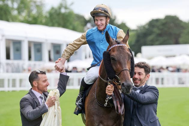 16.06.2026, Ascot, Windsor, GBR - Map of Stars with James McDonald up after winning the Wolferton Stakes. Ascot racecourse. (Pferd, Jockey, Map of Stars, McDonald, Sieg) 260616D572ROYAL_ASCOT.JPG