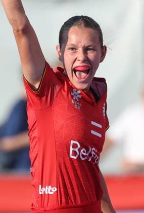 Belgium s Delphine Marien celebrates after scoring during a hockey game between Belgian national team, Nationalteam Red Panthers and China, Tuesday 16 June 2026 in Wavre, match 10 16 in the group stage of the women s FIH Pro League competition. VIRGINIExLEFOUR  x177869813x