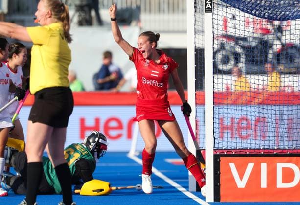 Belgium s Delphine Marien celebrates after scoring during a hockey game between Belgian national team, Nationalteam Red Panthers and China, Tuesday 16 June 2026 in Wavre, match 10 16 in the group stage of the women s FIH Pro League competition. VIRGINIExLEFOUR  x177869877x