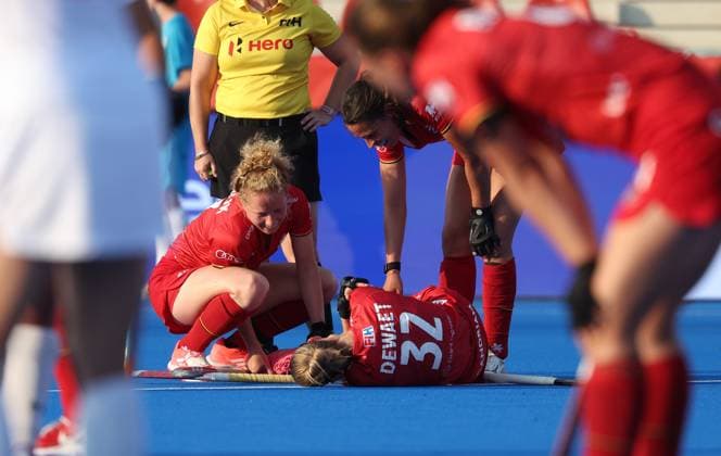 Belgium s Louise Dewaet looks dejected during a hockey game between Belgian national team, Nationalteam Red Panthers and China, Tuesday 16 June 2026 in Wavre, match 10 16 in the group stage of the women s FIH Pro League competition. VIRGINIExLEFOUR  x177872418x