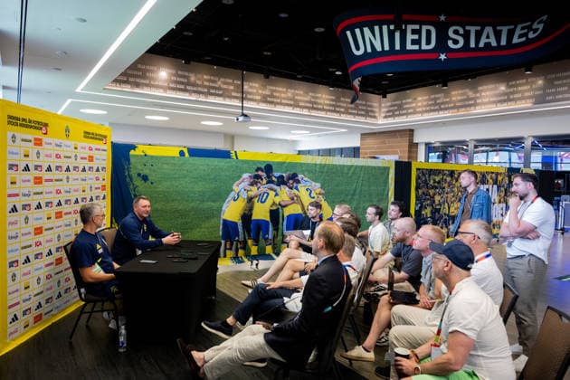 260616 Niclas CarlnÃ n, general secretary and Kim Källström, head of national teams of the Swedish Football Federation at a press event during day 6 of the FIFA World Cup, WM, Weltmeisterschaft, Fussball 2026 on June 16, 2026 in Dallas. Photo: Petter Arvidson BILDBYRAN kod PA PA1237 fotboll football soccer fotball vm fotbolls-vm fotball-vm fotbolls-vm 2026 fifa world cup 2026 pressträff event meeting sverige sweden sverige a day 6 bbeng