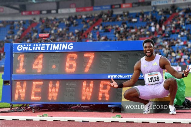 June 16, 2026, Ostrava, Czech Republic: LYLES NOAH of USA competes 150 Metres Men at the World Athletics Continental Tour Golden Spike event in Ostrava in the Czech Republic. ..Lyles Noah celebrate World record with 14.67 seconds. Ostrava Czech Republic - ZUMAr156 20260616_aap_r156_001 Copyright: xSlavekxRutax