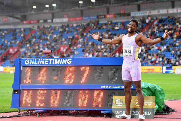 June 16, 2026, Ostrava, Czech Republic: LYLES NOAH of USA competes 150 Metres Men at the World Athletics Continental Tour Golden Spike event in Ostrava in the Czech Republic. ..Lyles Noah celebrate World record with 14.67 seconds. Ostrava Czech Republic - ZUMAr156 20260616_aap_r156_002 Copyright: xSlavekxRutax