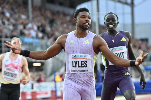 From left Noah Lyles of USA wins 150m and Gout Gout of Australia in action during the Golden Spike Ostrava 2026 - World Athletics Continental Tour Gold, in Ostrava, Czech Republic, on June 16, 2026. (CTKxPhoto JaroslavxOzana) CTKPhotoP2026061608925  CTKPhotoP2026061608925