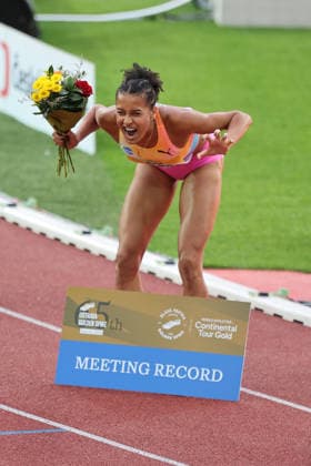 Audrey Werro of Switzerland celebrates after the 800m during the Golden Spike Ostrava 2026 - World Athletics Continental Tour Gold, in Ostrava, Czech Republic, on June 16, 2026. (CTKxPhoto PetrxSznapka) CTKPhotoP2026061609064  CTKPhotoP2026061609064