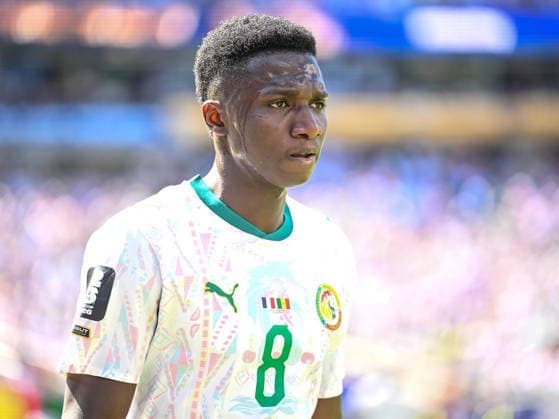 Lamine Camara (Senegal) Looks on during the FIFA World Cup, WM, Weltmeisterschaft, Fussball 2026 Group I match between France and Senegal at New York New Jersey Stadium on June 16, 2026 in East Rutherford, United States. (Photo by Harry Langer DeFodi Images) -