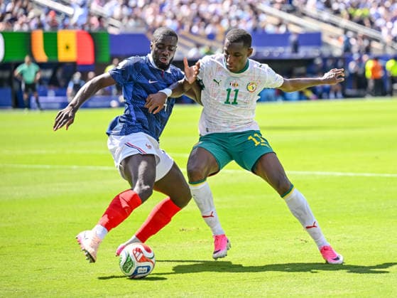 Dayot Upamecano (France) and Nicolas Jackson (Senegal) battle for the ball during the FIFA World Cup, WM, Weltmeisterschaft, Fussball 2026 Group I match between France and Senegal at New York New Jersey Stadium on June 16, 2026 in East Rutherford, United States. (Photo by Harry Langer DeFodi Images) -