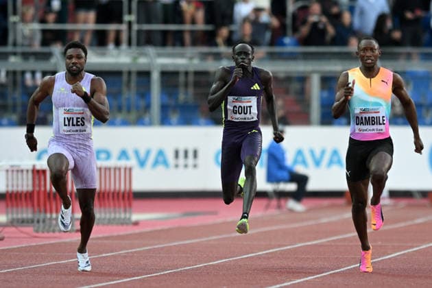 June 16, 2026, Ostrava, Czech Republic: LYLES Noah of USA (LL), GOUT Gout of Australia (L) and DAMBILE Sinesipho of South Africa (R) competes 150 Metres Men at the World Athletics Continental Tour Golden Spike event in Ostrava in the Czech Republic. Noah Lyles took a quarter of a second off the world 150m best at the Golden Spike in Ostrava. Ostrava Czech Republic - ZUMAr156 20260616_aap_r156_027 Copyright: xSlavekxRutax