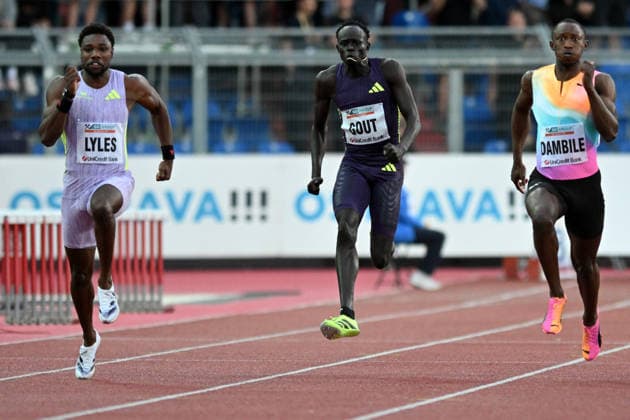 June 16, 2026, Ostrava, Czech Republic: LYLES Noah of USA (LL), GOUT Gout of Australia (L) and DAMBILE Sinesipho of South Africa (R) competes 150 Metres Men at the World Athletics Continental Tour Golden Spike event in Ostrava in the Czech Republic. Noah Lyles took a quarter of a second off the world 150m best at the Golden Spike in Ostrava. Ostrava Czech Republic - ZUMAr156 20260616_aap_r156_030 Copyright: xSlavekxRutax