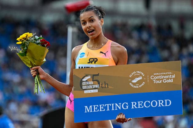 Audrey Werro of Switzerland celebrates after the 800m during the Golden Spike Ostrava 2026 - World Athletics Continental Tour Gold, in Ostrava, Czech Republic, on June 16, 2026. (CTKxPhoto JaroslavxOzana) CTKPhotoP2026061609432  CTKPhotoP2026061609432