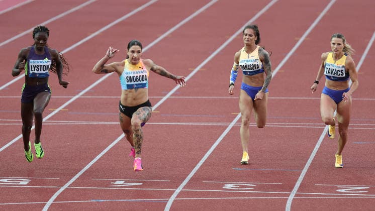 Brianna Lyston (Jamaica), Ewa Swoboda (Poland), Karolina Manasova (Czechia), Boglarka Takacs (Hungary) compete during the 100m during the Golden Spike Ostrava 2026 - World Athletics Continental Tour Gold, in Ostrava, Czech Republic, on June 16, 2026. (CTKxPhoto PetrxSznapka) CTKPhotoP2026061609169  CTKPhotoP2026061609169