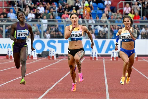Brianna Lyston (Jamaica), Ewa Swoboda (Poland), Karolina Manasova (Czechia) compete during the 100m during the Golden Spike Ostrava 2026 - World Athletics Continental Tour Gold, in Ostrava, Czech Republic, on June 16, 2026. (CTKxPhoto JaroslavxOzana) CTKPhotoP2026061609821  CTKPhotoP2026061609821