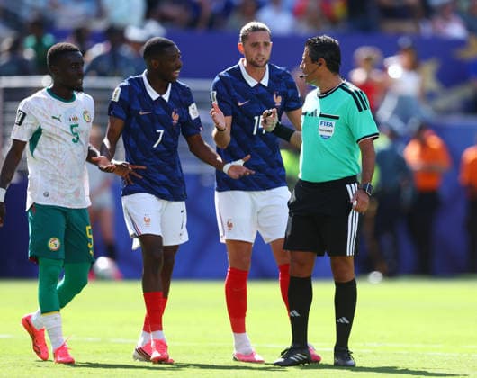 New Jersey, USA, 16th June 2026. Ousmane Dembele of France and Adrien Rabiot of France appeal for a penalty during the France vs Senegal FIFA World Cup, WM, Weltmeisterschaft, Fussball match at Metlife Stadium, New Jersey. Picture credit should read: Paul Terry Sportimage EDITORIAL USE ONLY. No use with unauthorised audio, video, data, fixture lists, club league logos or live services. Online in-match use limited to 120 images, no video emulation. No use in betting, games or single club league player publications. SPI_056_PT_France_Senegal SPI-4837-0056