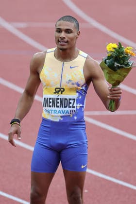 Cuban-born high hurdler, based in Qatar Kendry Menendez celebrates after winning the men s 110 meters hurdles event during the Golden Spike Ostrava 2026 - World Athletics Continental Tour Gold, in Ostrava, Czech Republic, on June 16, 2026. (CTKxPhoto PetrxSznapka) CTKPhotoP2026061609251  CTKPhotoP2026061609251