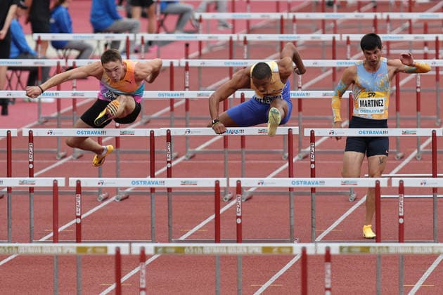 From left Jakub Szymanski of Poland, Cuban-born high hurdler, based in Qatar Kendry Menendez and Asier Martinez of Spain compete during the men s 110 meters hurdles event during the Golden Spike Ostrava 2026 - World Athletics Continental Tour Gold, in Ostrava, Czech Republic, on June 16, 2026. (CTKxPhoto PetrxSznapka) CTKPhotoP2026061609252  CTKPhotoP2026061609252
