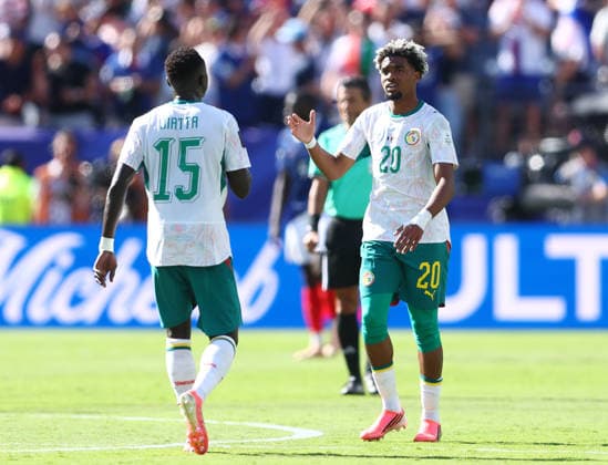 New Jersey, USA, 16th June 2026. Ibrahim Mbaye of Senegal celebrates after scoring during the France vs Senegal FIFA World Cup, WM, Weltmeisterschaft, Fussball match at Metlife Stadium, New Jersey. Picture credit should read: Paul Terry Sportimage EDITORIAL USE ONLY. No use with unauthorised audio, video, data, fixture lists, club league logos or live services. Online in-match use limited to 120 images, no video emulation. No use in betting, games or single club league player publications. SPI_074_PT_France_Senegal SPI-4837-0074