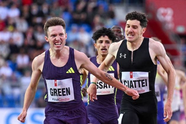 Nathan Green of USA 3:49.44 meet record in the Ostrava mile during the Golden Spike Ostrava 2026 - World Athletics Continental Tour Gold, in Ostrava, Czech Republic, on June 16, 2026. At right is Vincent Ciattei of USA: (CTKxPhoto JaroslavxOzana) CTKPhotoP2026061609642  CTKPhotoP2026061609642