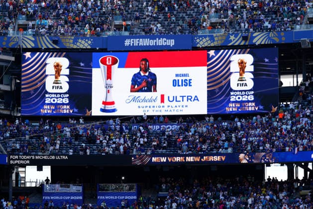 France vs. Senegal - FIFA World Cup, WM, Weltmeisterschaft, Fussball 2026 East Rutherford, New Jersey - June 16, 2026: Stadium video board shows Michelob Ultra Superior Player of the Match Michael Olise (11) during the FIFA World Cup 2026 Group I match between France and Senegal at New York New Jersey Stadium. Photo by Carlos Rojas East Rutherford New York New Jersey Stadium New Jersey United States Copyright: xCarlosxRojasx