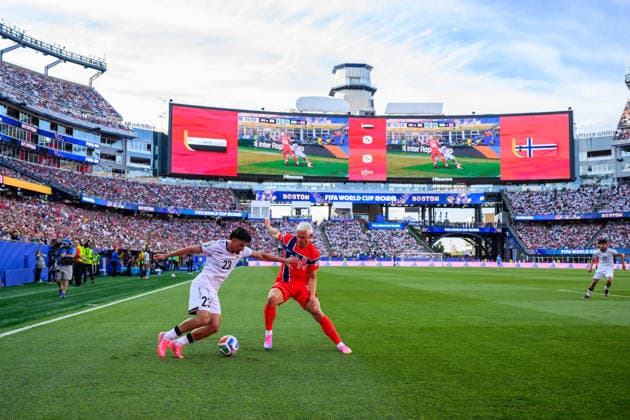 260616 Merchas Doski of Iraq and Julian Ryerson of Norway during the FIFA World Cup, WM, Weltmeisterschaft, Fussball 2026 group stage football match between Iraq and Norway on June 16, 2026 in Foxborough. Photo: Vegard Grott BILDBYRAN kod VG VG0955 bbeng fotboll football soccer fotball vm fotbolls-vm fotball-vm fotbolls-vm 2026 fifa world cup 2026 norge norway iraq irak