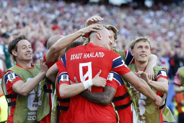 FIFA World Cup, WM, Weltmeisterschaft, Fussball 2026 - Group I - Iraq vs Norway Erling Haaland of Norway (C) celebrates with his teammates after scoring the 2-1 goal during the FIFA World Cup 2026 group stage match Iraq against Norway, in Boston, Massachusetts, USA, 16 June 2026. Foxborough United States  Copyright: xGREGxM.xCOOPERx