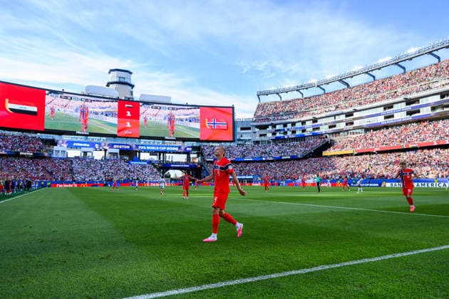 260616 Erling Braut Haaland of Norway celebrates after scoring 2-1 during the FIFA World Cup, WM, Weltmeisterschaft, Fussball 2026 group stage football match between Iraq and Norway on June 16, 2026 in Foxborough. Photo: Vegard Grott BILDBYRAN kod VG VG0955 bbeng fotboll football soccer fotball vm fotbolls-vm fotball-vm fotbolls-vm 2026 fifa world cup 2026 norge norway iraq irak jubel