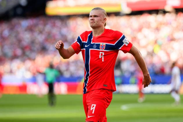 260616 Erling Braut Haaland of Norway celebrates after scoring 1-2 during the FIFA World Cup, WM, Weltmeisterschaft, Fussball 2026 group stage football match between Iraq and Norway on June 16, 2026 in Foxborough. Photo: Vegard Grott BILDBYRAN kod VG VG0955 bbeng fotboll football soccer fotball vm fotbolls-vm fotball-vm fotbolls-vm 2026 fifa world cup 2026 norge norway iraq irak jubel