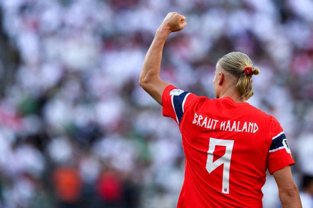 260616 Erling Braut Haaland of Norway celebrates after scoring 1-2 during the FIFA World Cup, WM, Weltmeisterschaft, Fussball 2026 group stage football match between Iraq and Norway on June 16, 2026 in Foxborough. Photo: Vegard Grott BILDBYRAN kod VG VG0955 bbeng fotboll football soccer fotball vm fotbolls-vm fotball-vm fotbolls-vm 2026 fifa world cup 2026 norge norway iraq irak jubel