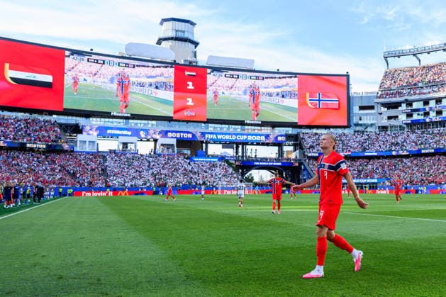 260616 Erling Braut Haaland of Norway celebrates after scoring 2-1 during the FIFA World Cup, WM, Weltmeisterschaft, Fussball 2026 group stage football match between Iraq and Norway on June 16, 2026 in Foxborough. Photo: Vegard Grott BILDBYRAN kod VG VG0955 bbeng fotboll football soccer fotball vm fotbolls-vm fotball-vm fotbolls-vm 2026 fifa world cup 2026 norge norway iraq irak jubel