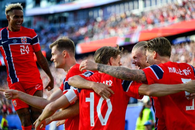 260616 Antonio Nusa, Martin odegaard, Erling Braut Haaland and David Moller Wolfe of Norway celebrate after sxoring 0-1 during the FIFA World Cup, WM, Weltmeisterschaft, Fussball 2026 group stage football match between Iraq and Norway on June 16, 2026 in Foxborough. Photo: Jon Olav Nesvold BILDBYRAN COP 217 VG0955 bbeng fotboll football soccer fotball vm fotbolls-vm fotball-vm fotbolls-vm 2026 fifa world cup 2026 norge norway iraq irak jubel