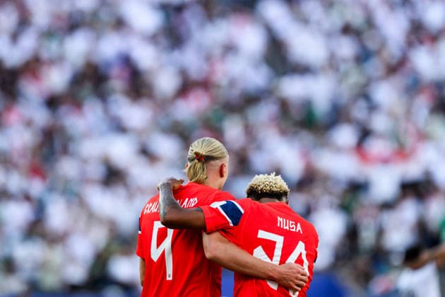 260616 Erling Braut Haaland and Morten Thorsby of Norway celebrate after 1-2 during the FIFA World Cup, WM, Weltmeisterschaft, Fussball 2026 group stage football match between Iraq and Norway on June 16, 2026 in Foxborough. Photo: Vegard Grott BILDBYRAN kod VG VG0955 bbeng fotboll football soccer fotball vm fotbolls-vm fotball-vm fotbolls-vm 2026 fifa world cup 2026 norge norway iraq irak jubel