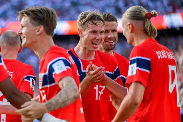 260616 Torbjorn Lysaker Heggem and Erling Braut Haaland of Norway celebrate after scoring 0-1 during the FIFA World Cup, WM, Weltmeisterschaft, Fussball 2026 group stage football match between Iraq and Norway on June 16, 2026 in Foxborough. Photo: Jon Olav Nesvold BILDBYRAN COP 217 VG0955 bbeng fotboll football soccer fotball vm fotbolls-vm fotball-vm fotbolls-vm 2026 fifa world cup 2026 norge norway iraq irak jubel