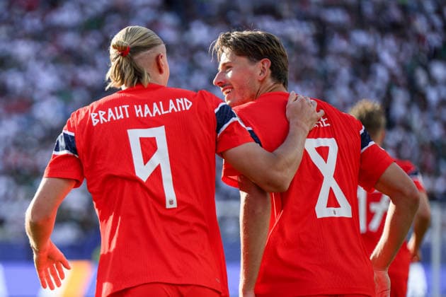 260616 Erling Braut Haaland and Sander Berge of Norway celebrate after 0-1 during the FIFA World Cup, WM, Weltmeisterschaft, Fussball 2026 group stage football match between Iraq and Norway on June 16, 2026 in Foxborough. Photo: Jon Olav Nesvold BILDBYRAN COP 217 VG0955 bbeng fotboll football soccer fotball vm fotbolls-vm fotball-vm fotbolls-vm 2026 fifa world cup 2026 norge norway iraq irak jubel